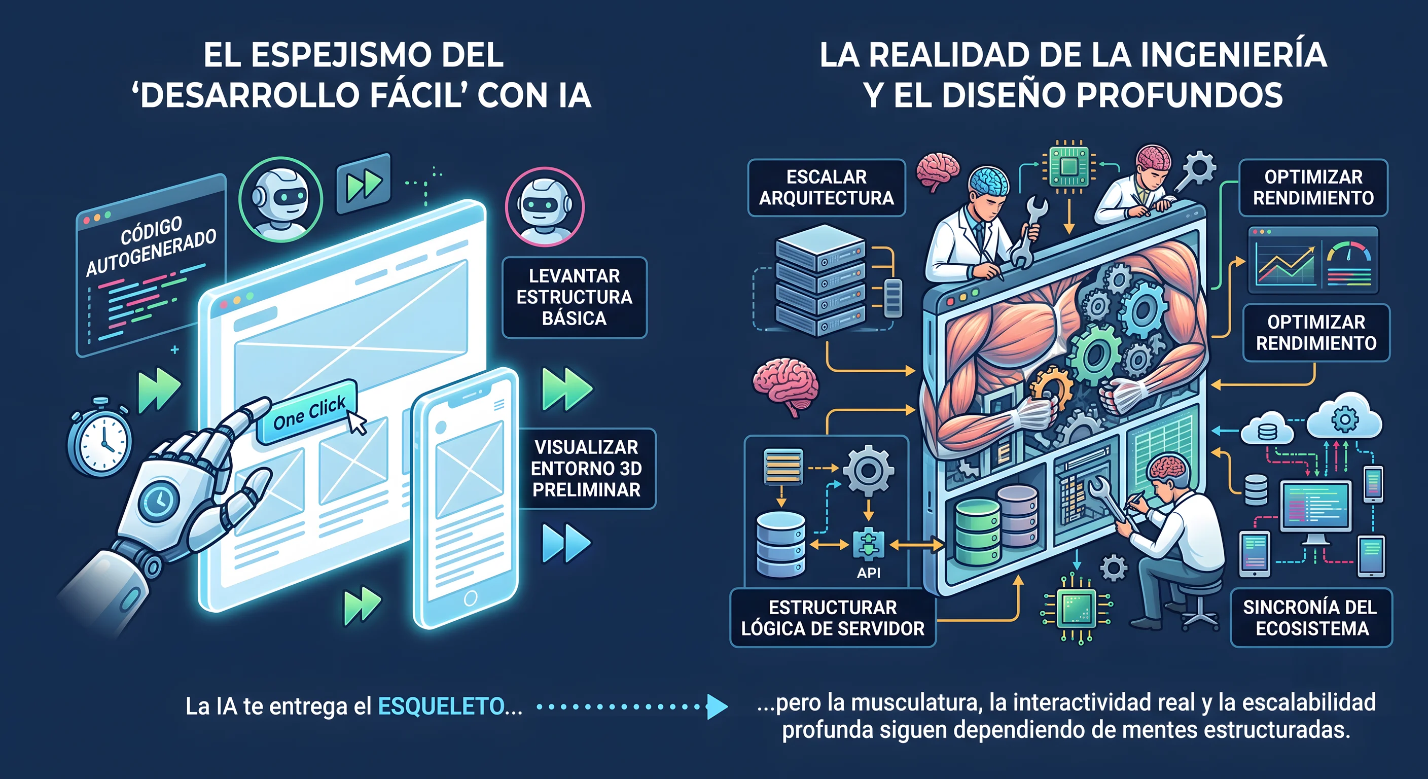 En esta imagen puedes ver en una infografía, la diferencia de desarrollar productos de software o empresariales apoyados con solo IA y la diferencia frente a estudiar antes los fundamentos