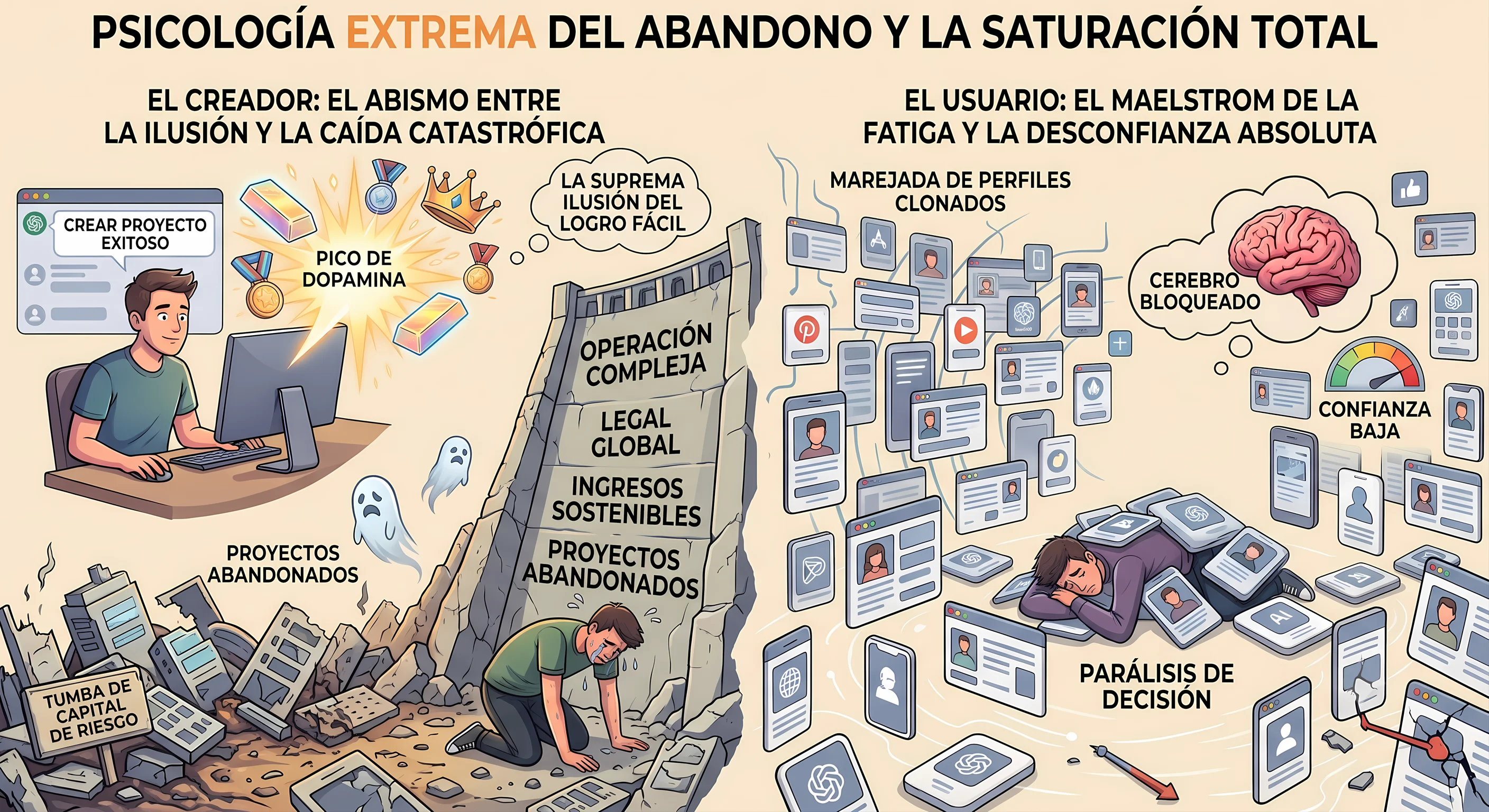 En esta imagen puedes ver en una infografía, como se presenta el efecto psicológico que ha producido la potenciación que nos otorga en el día a día la IA, comparado con la realidad luego del pico de dopamina